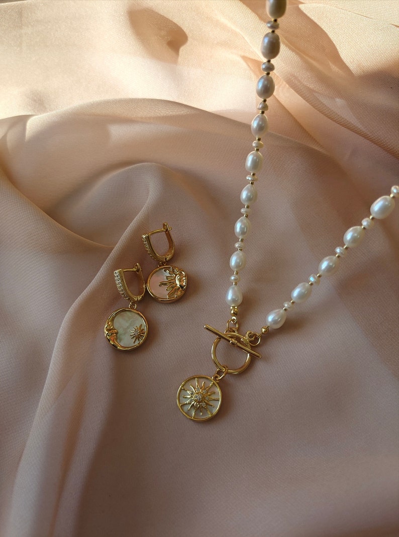 Sun Pendant Pearl Necklace Toggle Clasp, Gold Plated Sun Earrings, Celestial Jewelry, Boho Necklace Earrings Set image 2