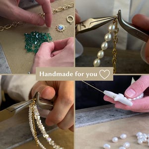 The image is a collage of four photos depicting the process of creating a handmade necklace. The photos show hands working with various materials, such as beads, pearls, and chains, to assemble the necklace. The collage conveys a sense of craftsmanship and the personal touch that goes into creating a unique piece of jewelry.