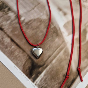 Red Leather Cord Necklace with Puffy Heart Pendant, Gift for Girlfriend, Trendy Cord Pendant Necklace image 2