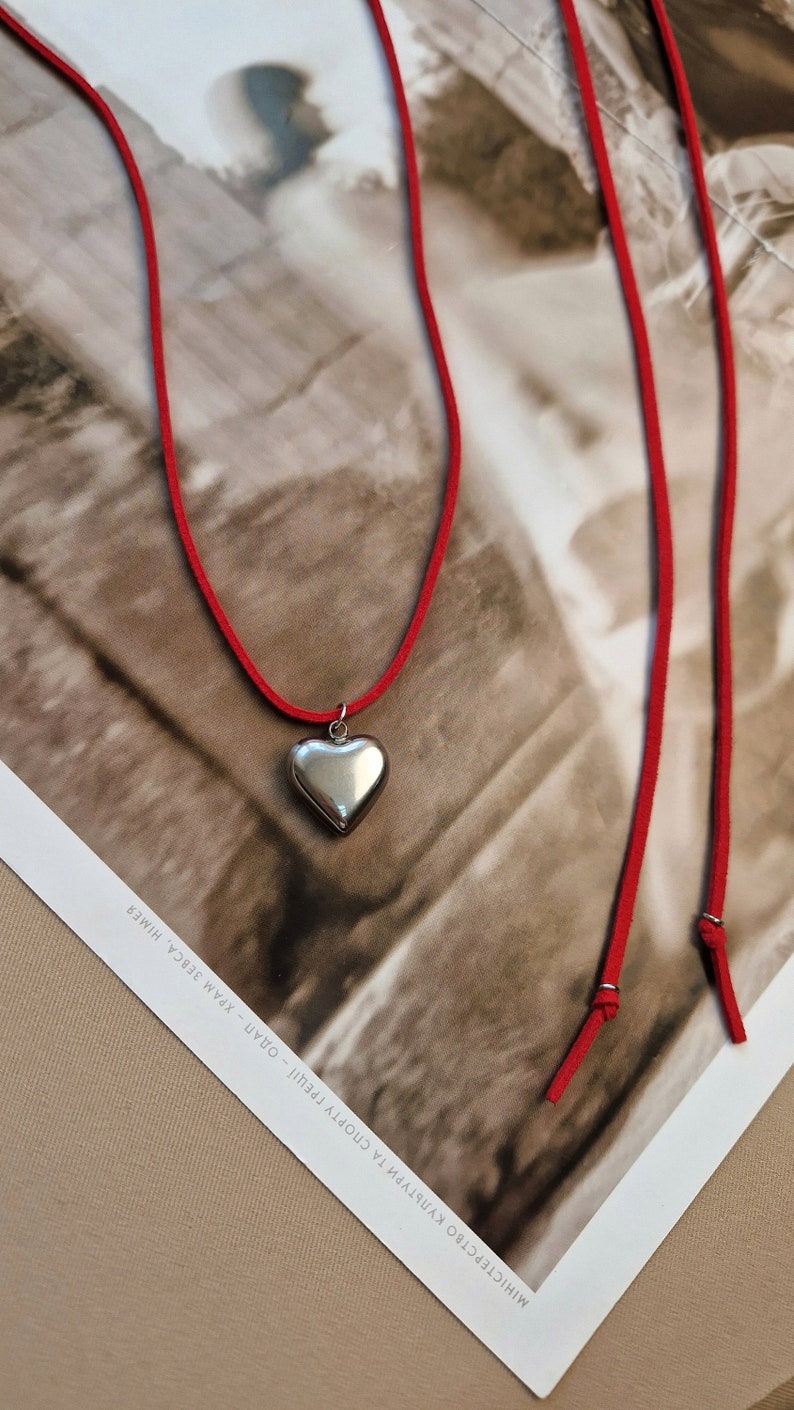 Red Leather Cord Necklace with Puffy Heart Pendant, Gift for Girlfriend, Trendy Cord Pendant Necklace image 2