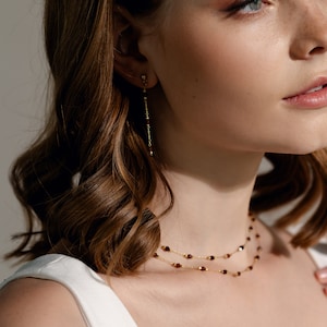 Garnet Necklace and Earrings Set, Layering Double Chain Garnet Necklace, Long Chain Drop Earrings with Garnet Jewelry Gift for Woman