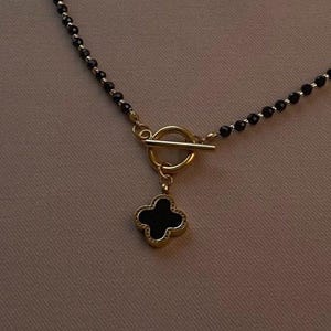 Clover Pendant Black Spinel Necklace with Toggle Clasp Cubic Zirconia Stones, Four Leaf Clover Spiritual Jewelry image 4
