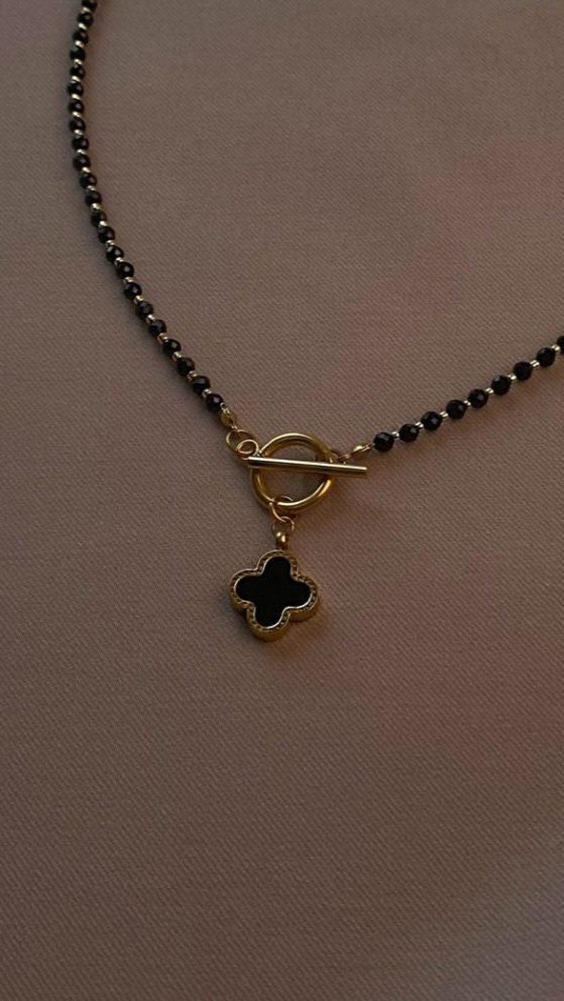 Clover Pendant Black Spinel Necklace with Toggle Clasp Cubic Zirconia Stones, Four Leaf Clover Spiritual Jewelry image 4