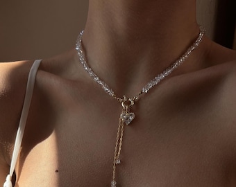 Collar de cristal con colgante de corazón, delicados pendientes desiguales, conjunto de joyería nupcial de lujo.