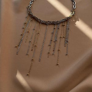 Mixed Metal Fringe Necklace, Two Tone Statement Choker & Rectangular Hoops image 12