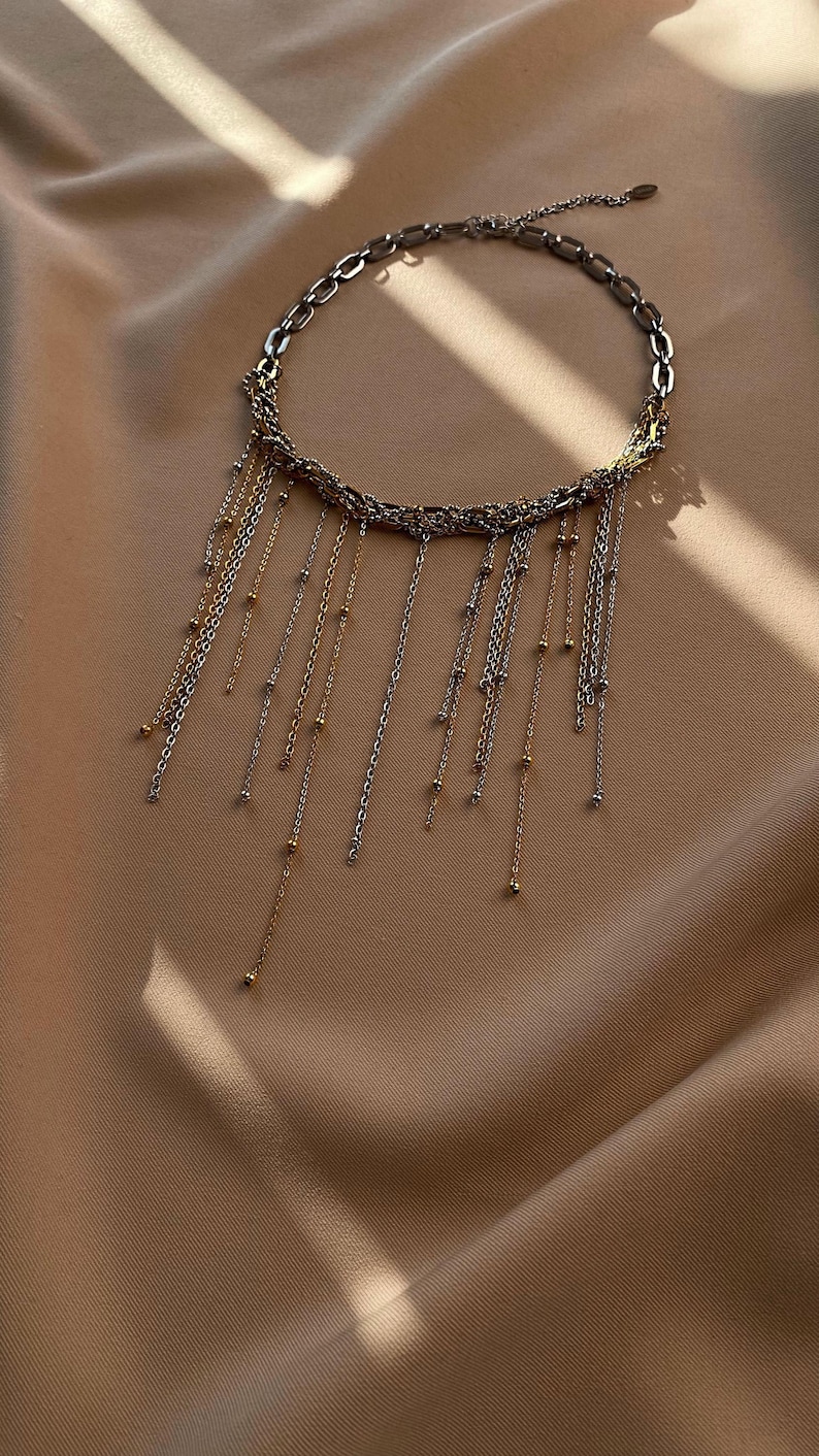 Mixed Metal Fringe Necklace, Two Tone Statement Choker & Rectangular Hoops image 12