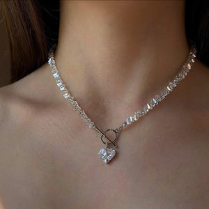 Heart Pendant Crystal Necklace with Toggle Clasp, Tiny Dangle Earrings