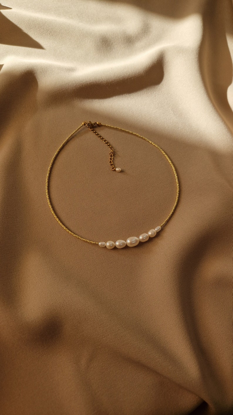 Dainty Pearl Choker Seed Beads, Gold Pearl Earrings, Bridal Jewelry Set, Delicate Wedding Necklace and Earrings for Bride or Bridesmaid image 9