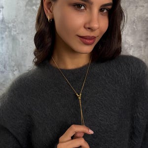 Adjustable Gold Lariat Necklace, Non Tarnish Bolo Tie & Hoop Earrings Set image 10
