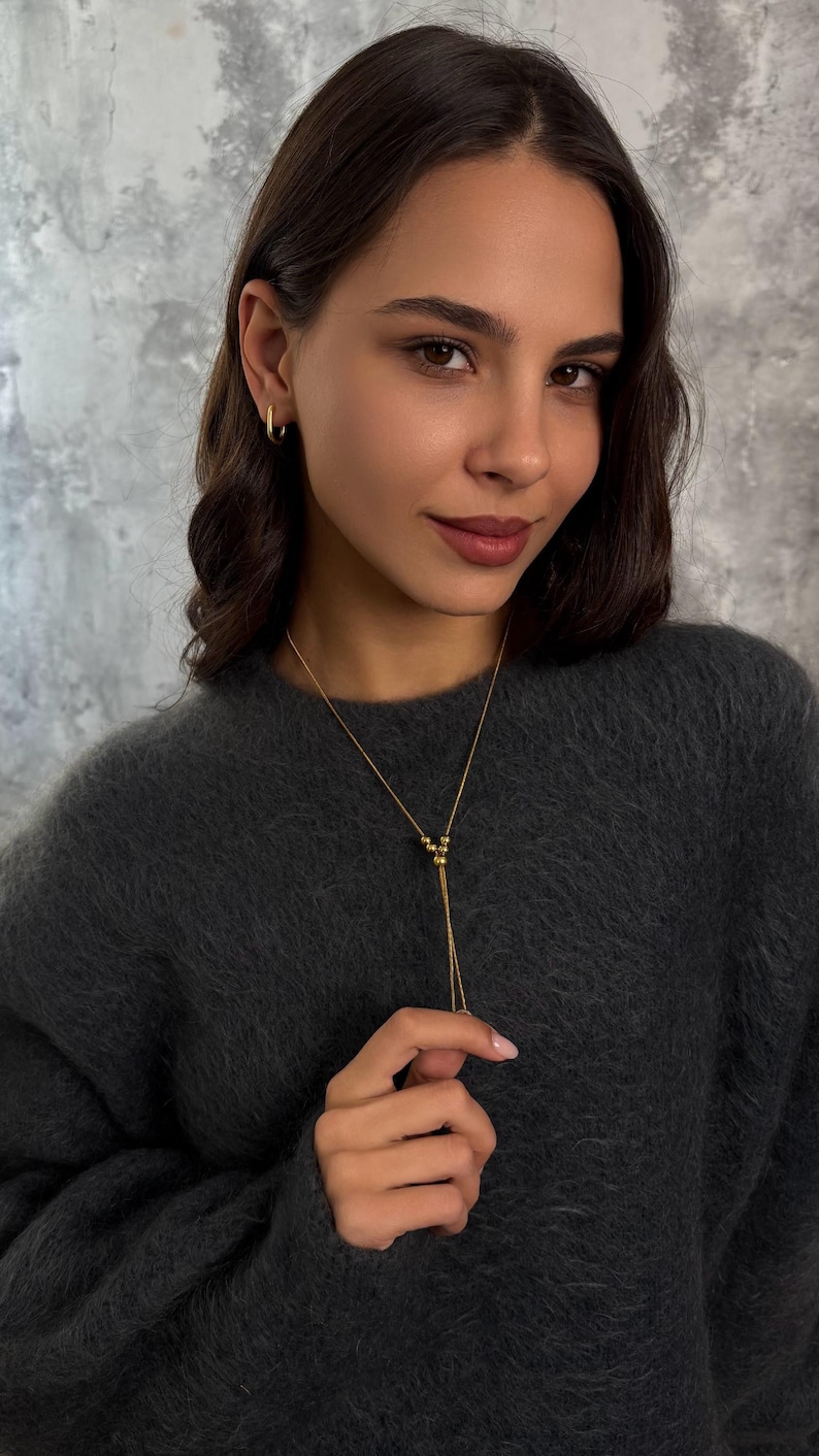 Adjustable Gold Lariat Necklace, Non Tarnish Bolo Tie & Hoop Earrings Set image 10