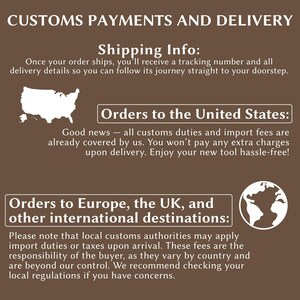 The image is a brown text-based collage that provides information about customs payments and delivery. It includes a map of the United States, a list of customs payment and delivery information, and a note about local customs authorities applying import duties or taxes upon arrival.