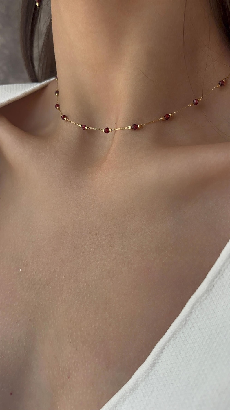 Natural Garnet Chain Choker Necklace, Gold Plated Necklace for Women image 9