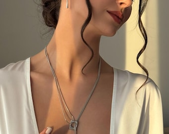 Geometric Art Deco Slider with Adjustable Tassel Drop, Slip On Tassel Necklace & Studs: Art Deco Jewelry for Bachelorette Gift