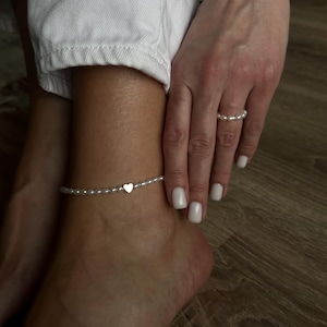 Dainty Pearl Anklet with Heart Charm, Bridal Anklet, Freshwater Pearl Anklet, Tiny Pearl Anklet, Bestie Gift, Summer Beach Jewelry