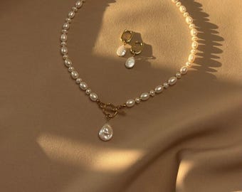 Real Pearl Jewelry, Freshwater Pearls Toggle Necklace with Teardrop Pearl Pendant, Pearl Gold Plated Pearl Dangle Earrings, Mothers Day Gift