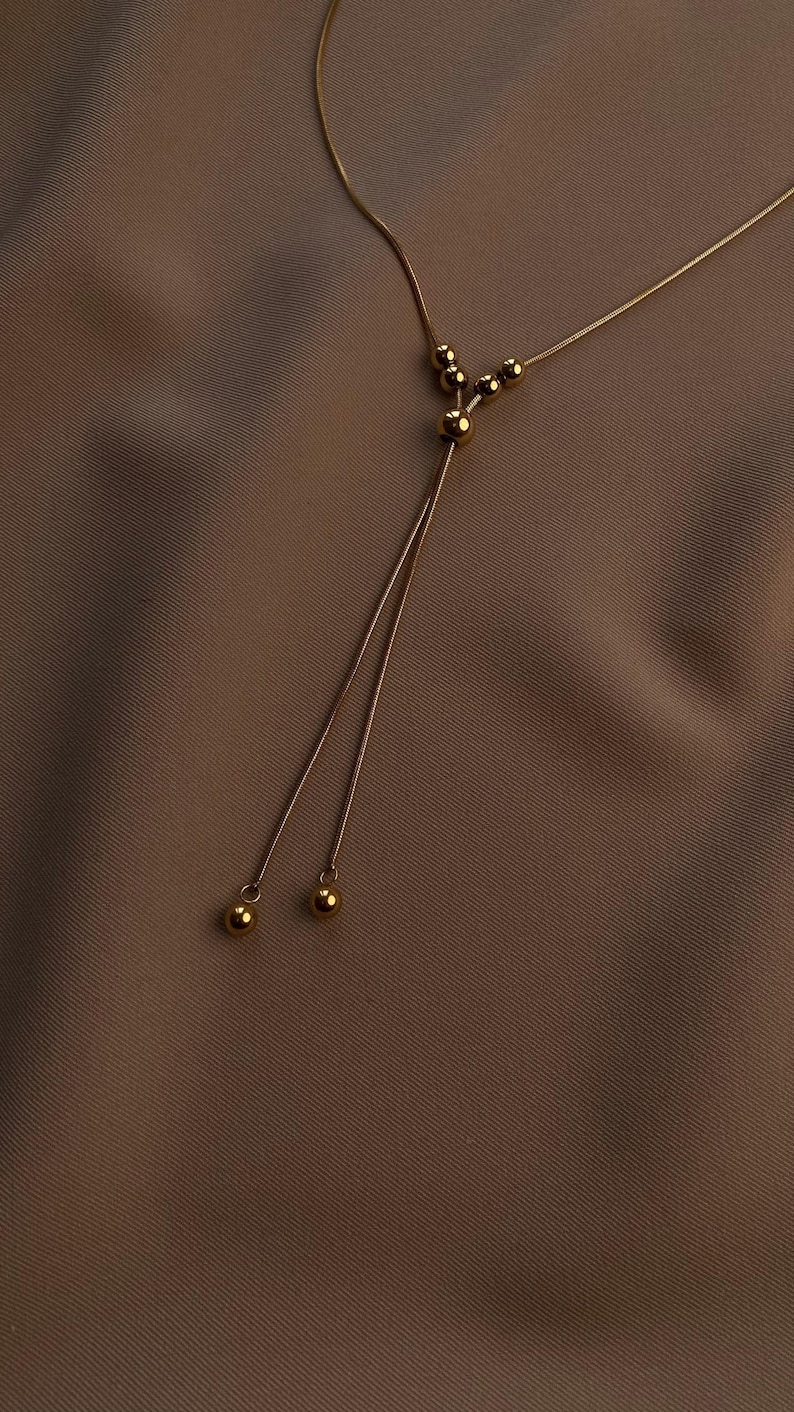 Adjustable Gold Lariat Necklace, Non Tarnish Bolo Tie & Hoop Earrings Set image 3