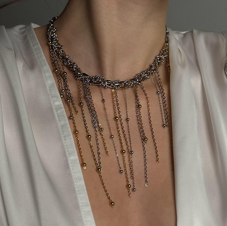 Mixed Metal Fringe Necklace, Two Tone Statement Choker & Rectangular Hoops image 7