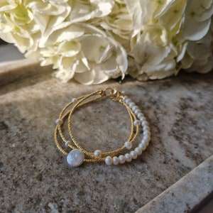 Dainty pearl triple bracelt, Pearls bracelet, Gold plated bracelet, Triple bracelet, Bracelet on three chains, Dainty brass bracelet image 3