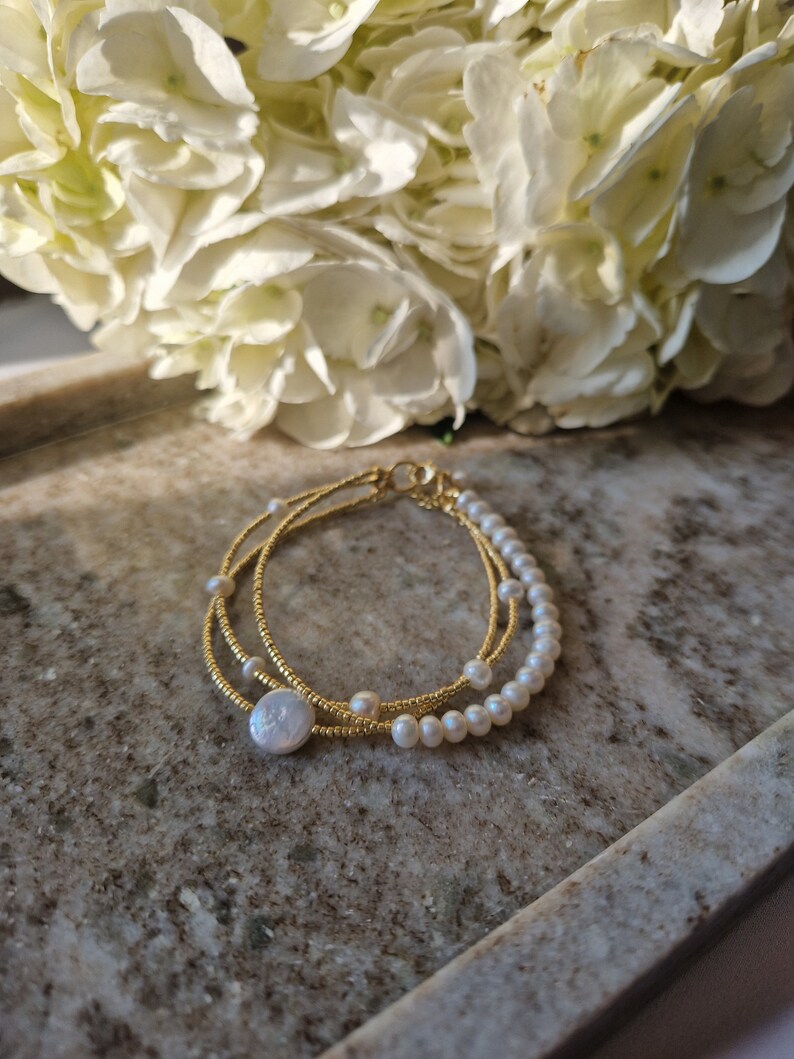 Dainty pearl triple bracelt, Pearls bracelet, Gold plated bracelet, Triple bracelet, Bracelet on three chains, Dainty brass bracelet image 3