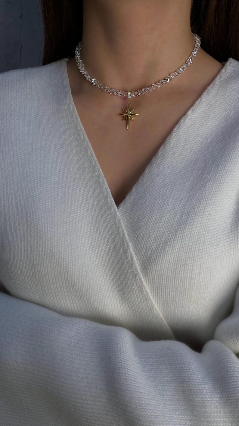 Celestial Jewelry Set, North Star Pendant Crystal Choker Necklace, Statement Dangle Star Earrings, Art Deco Jewelry Gift, Birthday Gift Her image 5