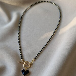 Black Spinel Necklace with Heart Pendant, Toggle Necklace for Women, Wife Anniversary Gift, Dainty Long Necklace, Gemstone Jewelry for Her image 3