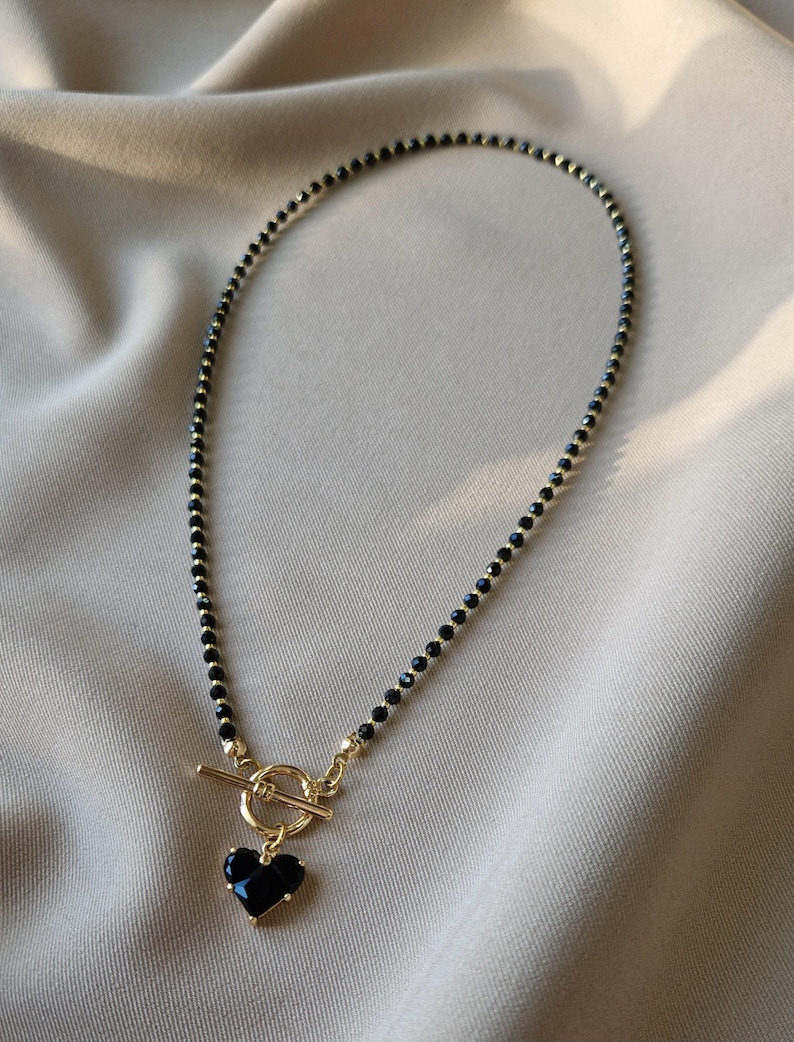 Black Spinel Necklace with Heart Pendant, Toggle Necklace for Women, Wife Anniversary Gift, Dainty Long Necklace, Gemstone Jewelry for Her image 3