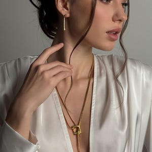 Art Deco Y Necklace for Rehearsal Dinner & Gold Lariat Stud Set image 12