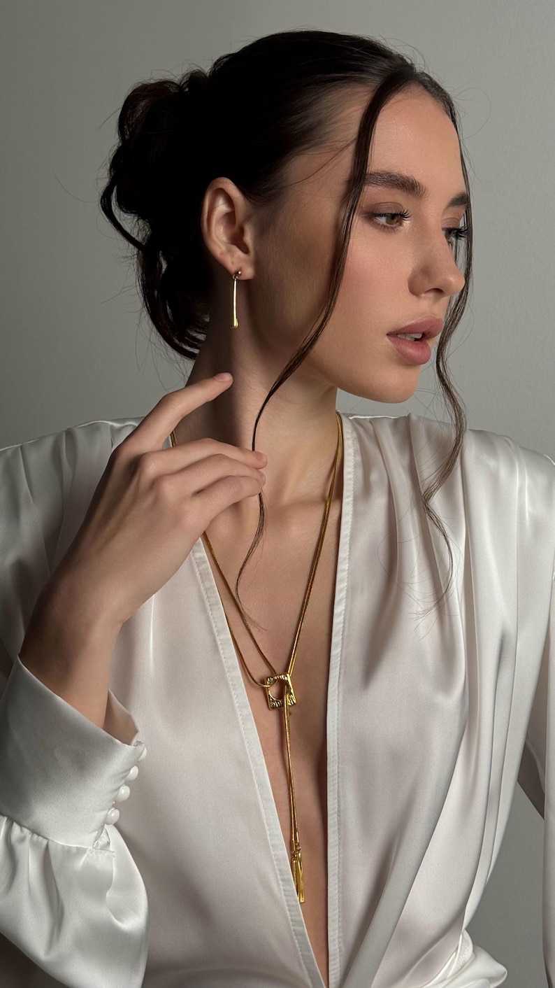 Art Deco Y Necklace for Rehearsal Dinner & Gold Lariat Stud Set image 12