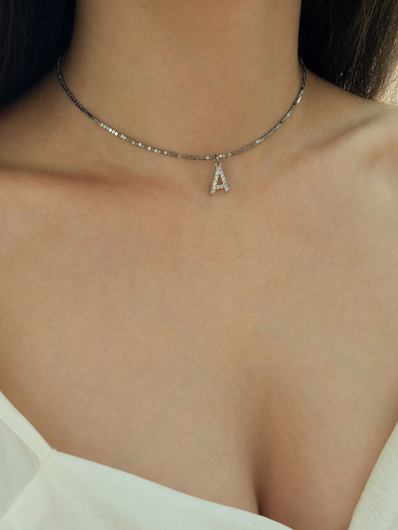 Silver hematite choker, Custom choker necklace, Dainty choker, Initial choker, Silver choker necklace, Minimalist choker, Name choker image 6