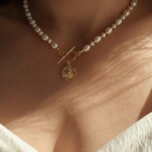 Celestial Pendant Pearl Toggle Necklace and Gold Plated Sun Earrings Set, Wedding Boho Bridal Jewelry, Clean Girl Aesthetic Pearl Choker image 2