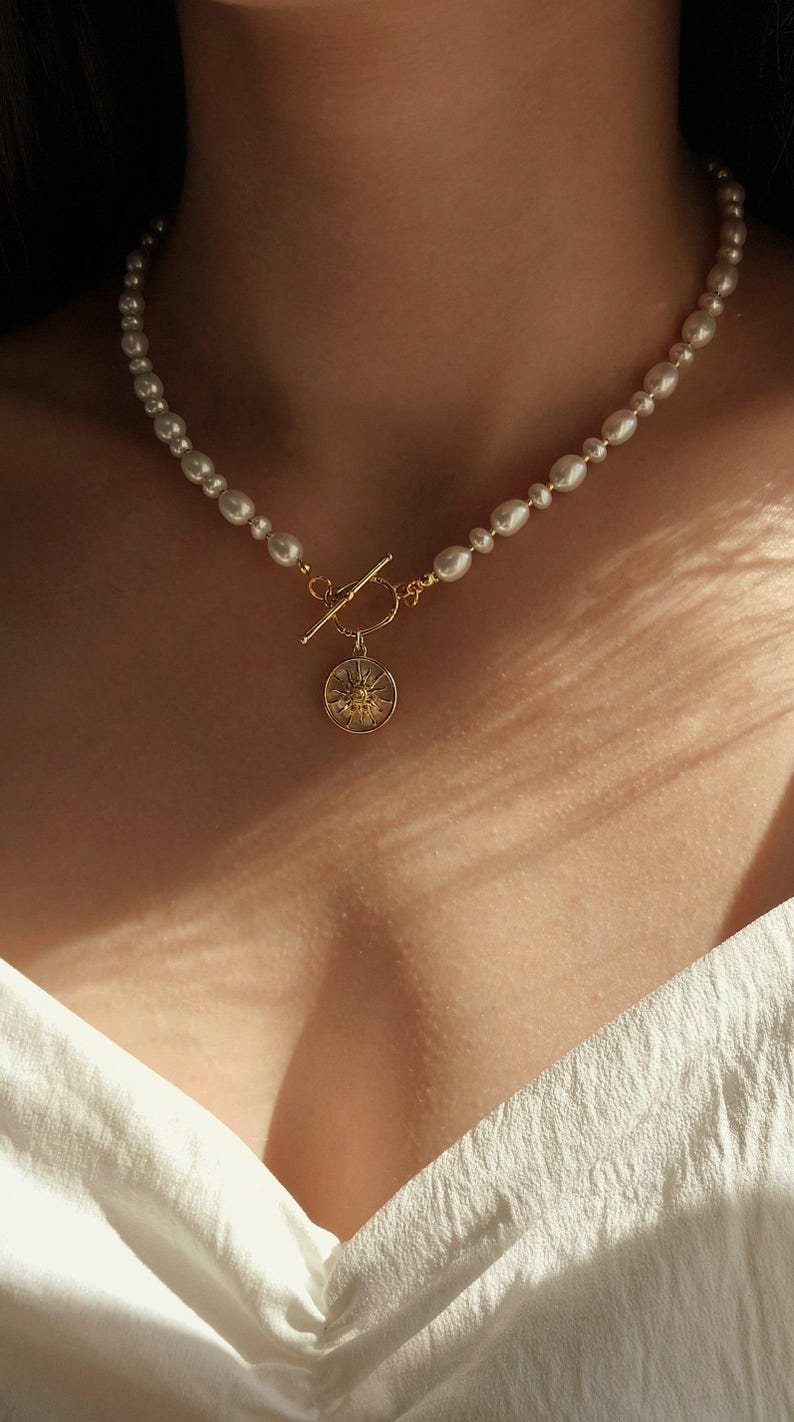 Celestial Pendant Pearl Toggle Necklace and Gold Plated Sun Earrings Set, Wedding Boho Bridal Jewelry, Clean Girl Aesthetic Pearl Choker image 2