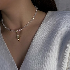Celestial Jewelry Set, North Star Pendant Crystal Choker Necklace, Statement Dangle Star Earrings, Art Deco Jewelry Gift, Birthday Gift Her image 2