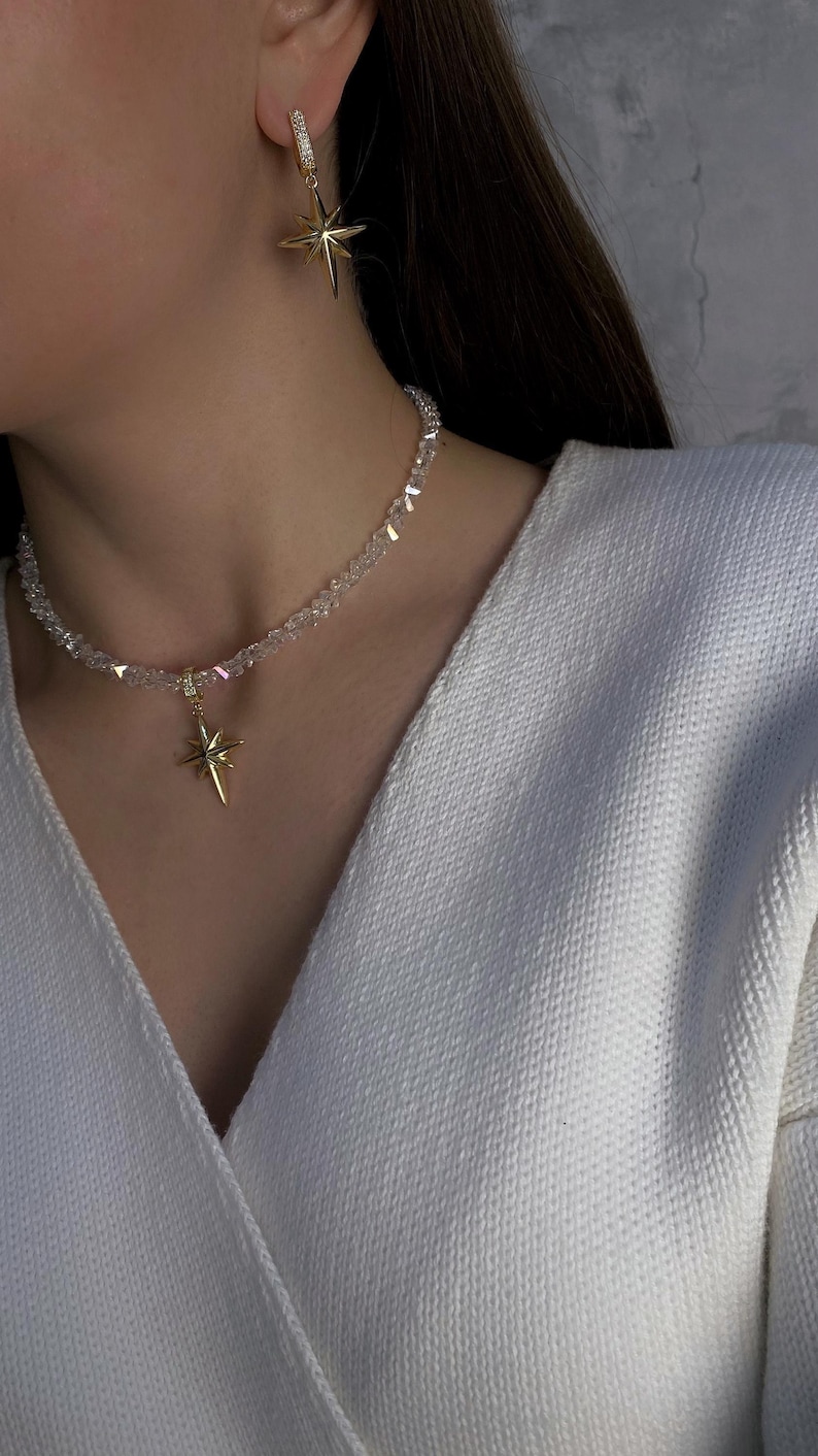 Celestial Jewelry Set, North Star Pendant Crystal Choker Necklace, Statement Dangle Star Earrings, Art Deco Jewelry Gift, Birthday Gift Her image 2