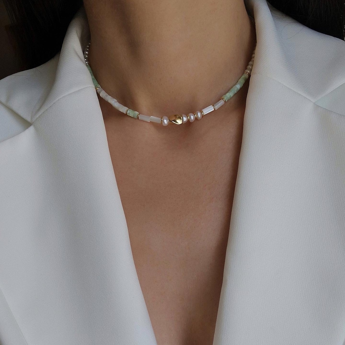 Green Contemporary Faux Pearl and Beaded Choker main image 0