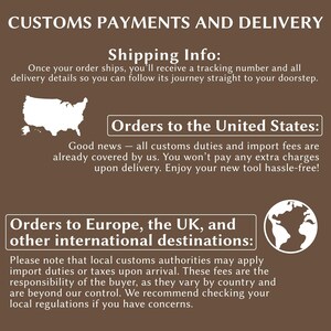 The image is a brown text-based collage that provides information about customs payments and delivery. It includes a map of the United States, a list of customs payment and delivery information, and a note about local customs authorities applying import duties or taxes upon arrival.