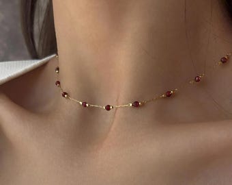 Natural Garnet Necklace for Woman, Delicate Chain Choker, Long Stud Earrings