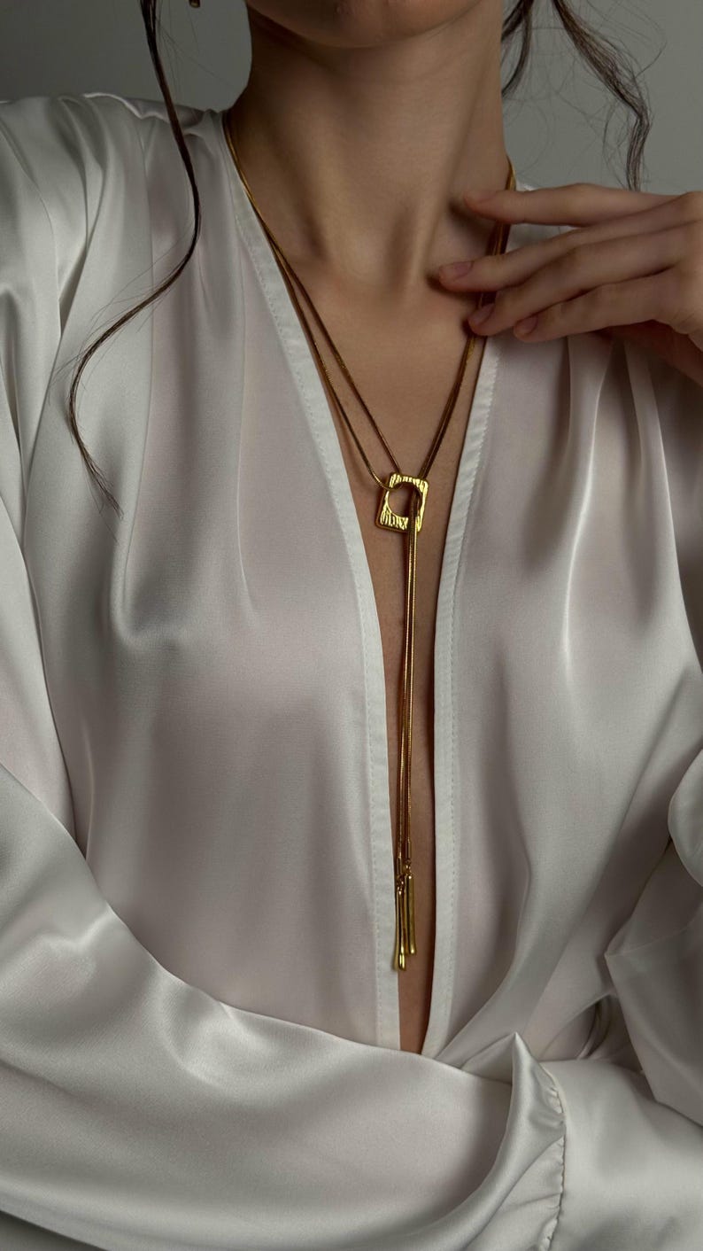 A Y Necklace Gold lariat (Bolo Necklace) with an Art Deco Jewelry slider and Tassel Necklace bottom. This Bridesmaid Gift set includes matching Stud Earrings.