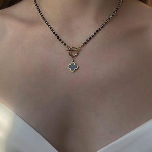 Clover Pendant Black Spinel Necklace with Toggle Clasp Cubic Zirconia Stones, Four Leaf Clover Spiritual Jewelry image 3