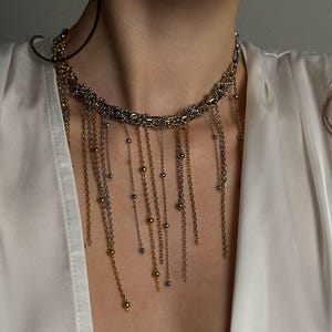 Mixed Metal Fringe Necklace, Two Tone Statement Choker & Rectangular Hoops image 8