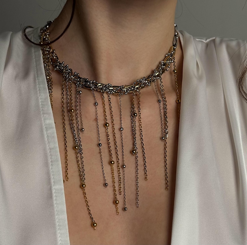 Mixed Metal Fringe Necklace, Two Tone Statement Choker & Rectangular Hoops image 8