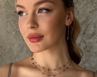 Delicate Layered Tourmaline Necklace and Earrings Set, Tourmaline Chain Choker, October Birthstone Gift for Her, Multi Color Necklace