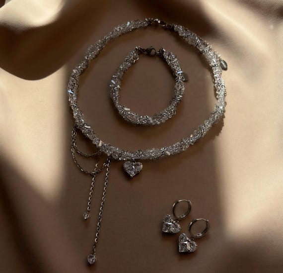 Bridal Crystal Jewelry Set, Wedding Heart Necklace Silver, Dangle Heart Hoop Earrings, Twisted Crystal Bracelet, Anniversary Gift Her