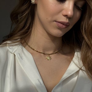 Gold Plated Sun Earrings, Sun Pendant Necklace, Gold Hematite Choker, Celestial Earrings, Bohemian Jewelry for Her Birthday Gift image 8