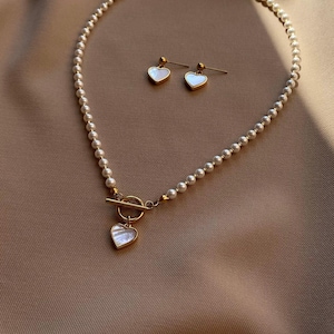 Dainty Jewelry Set, Heart Pendant Toggle Necklace, Aesthetic Freshwater Pearl Choker, Delicate Heart Earrings, Girlfriend Gift