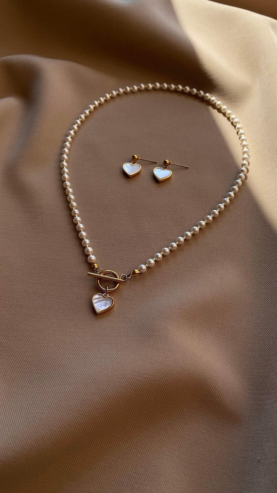 Dainty Jewelry Set, Heart Pendant Toggle Necklace, Aesthetic Freshwater Pearl Choker, Delicate Heart Earrings, Girlfriend Gift