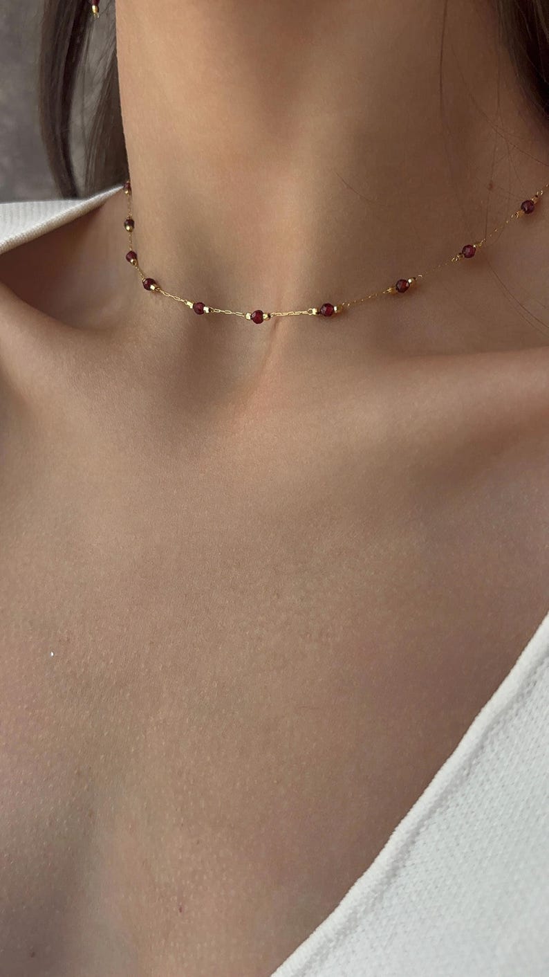 Natural Garnet Chain Choker Necklace, Gold Plated Necklace for Women image 6