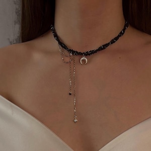 Celestial Black Crystal Choker, Moon Pendant Twisted Spinel Necklace with Dangle Chains, Dainty Jewelry Gift for Girlfriend, Bestie, Sister