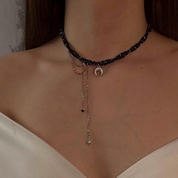 Celestial Black Crystal Choker, Moon Pendant Twisted Spinel Necklace with Dangle Chains, Dainty Jewelry Gift for Girlfriend, Bestie, Sister