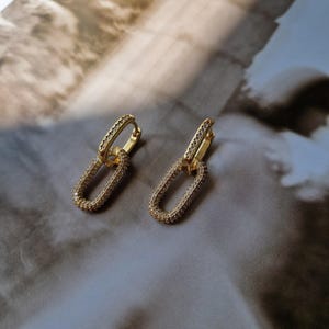 Pave Gold Link Earrings, Convertible Paperclip Hoops, Sparkly CZ Dangle