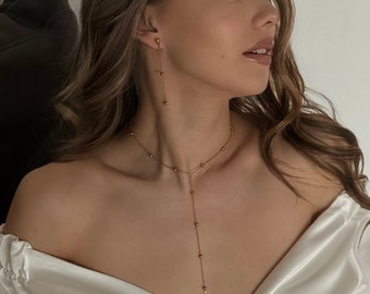Delicate Ball Drop Necklace Gold, Dainty Long Necklace, Chain Earrings, Bracelet Set, Bridal Jewelry Set, Evening Jewelry for Her